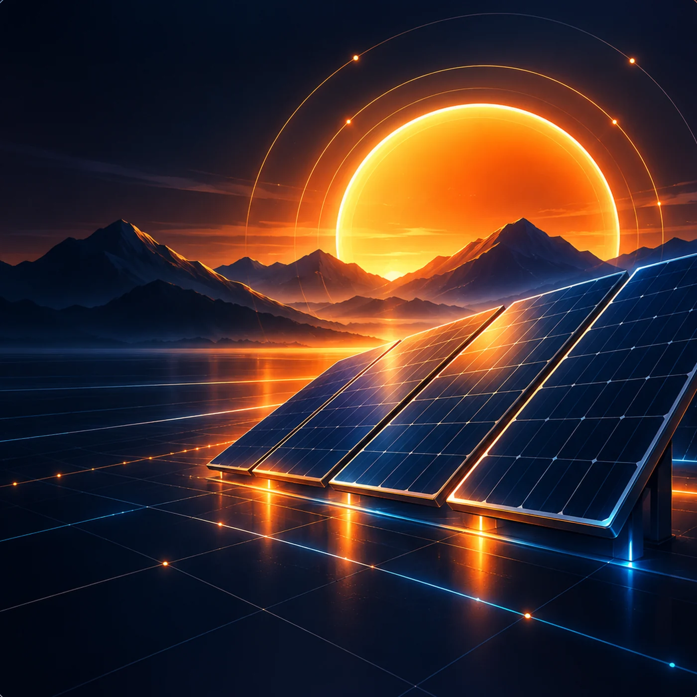Solar panels reflecting a vivid orange sunset across a dark blue energy-grid landscape